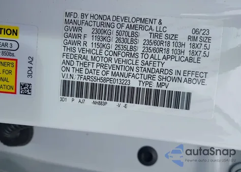 2023 Honda Cr-V Hybrid Sport z USA, uszkodzony, nr VIN 7FARS5H58PE013223